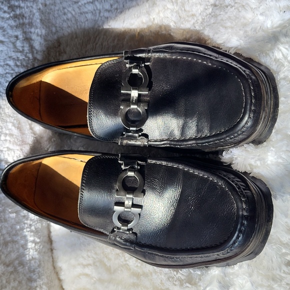 Salvatore Ferragamo Black Leather Loafers with Metallic Detail - Picture 1 of 14
